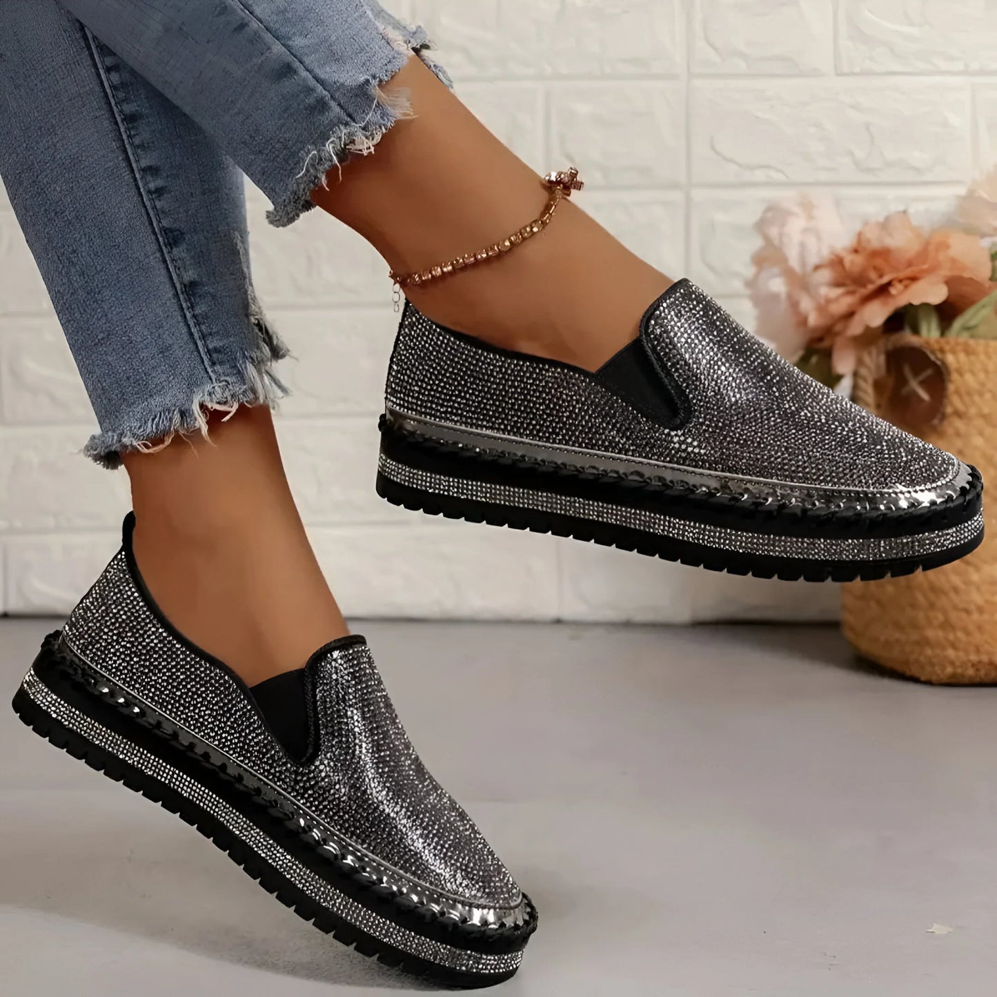 Marcelline – Rhinestone Platform Slip-On Sneakers