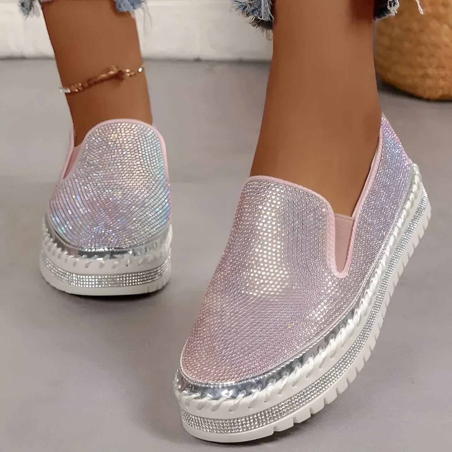 Marcelline – Rhinestone Platform Slip-On Sneakers