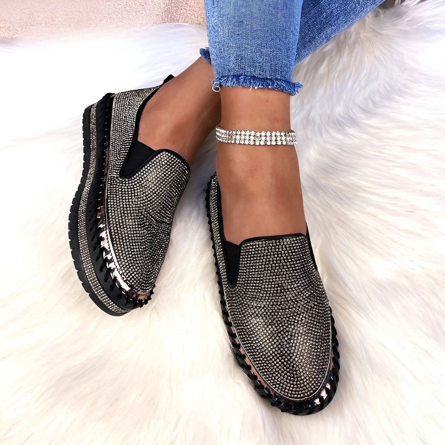 Marcelline – Rhinestone Platform Slip-On Sneakers