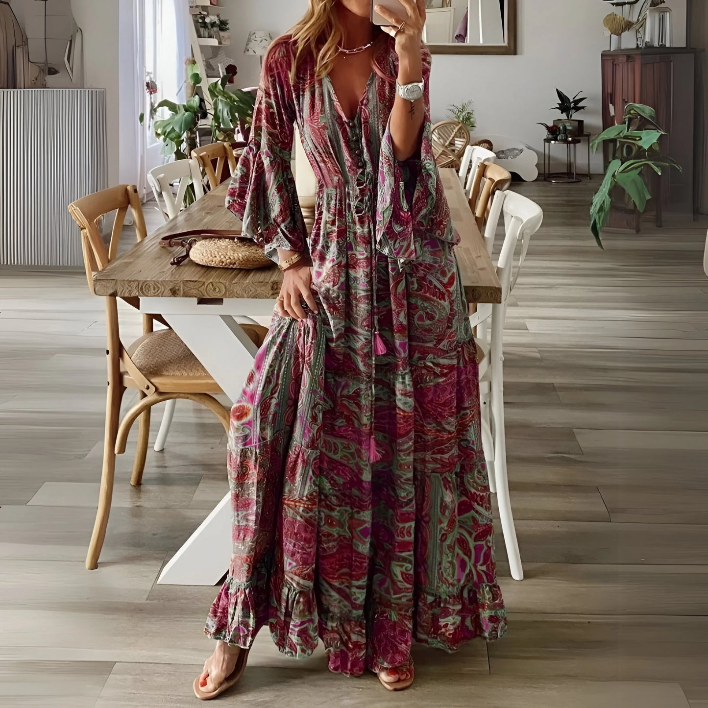 Léontine - Bohemian Flared Sleeve Floral Dress