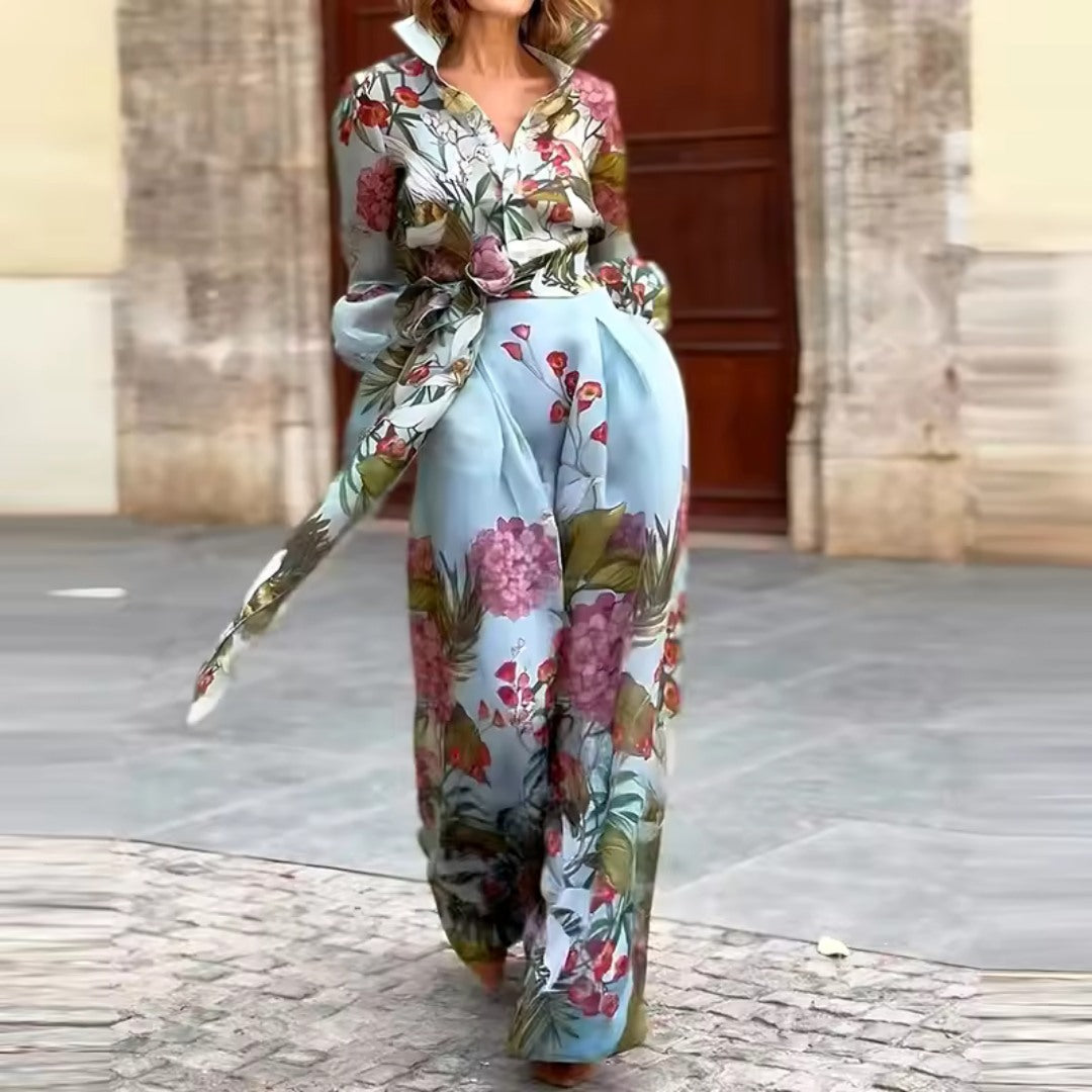 Manon – Retro Silk Floral Two-Piece Shirt & Skirt Set