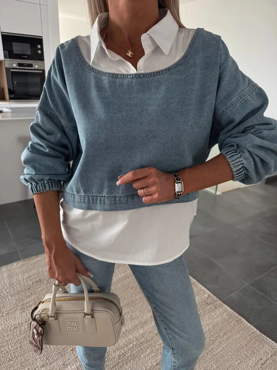Casual Cropped Denim Sweatshirt