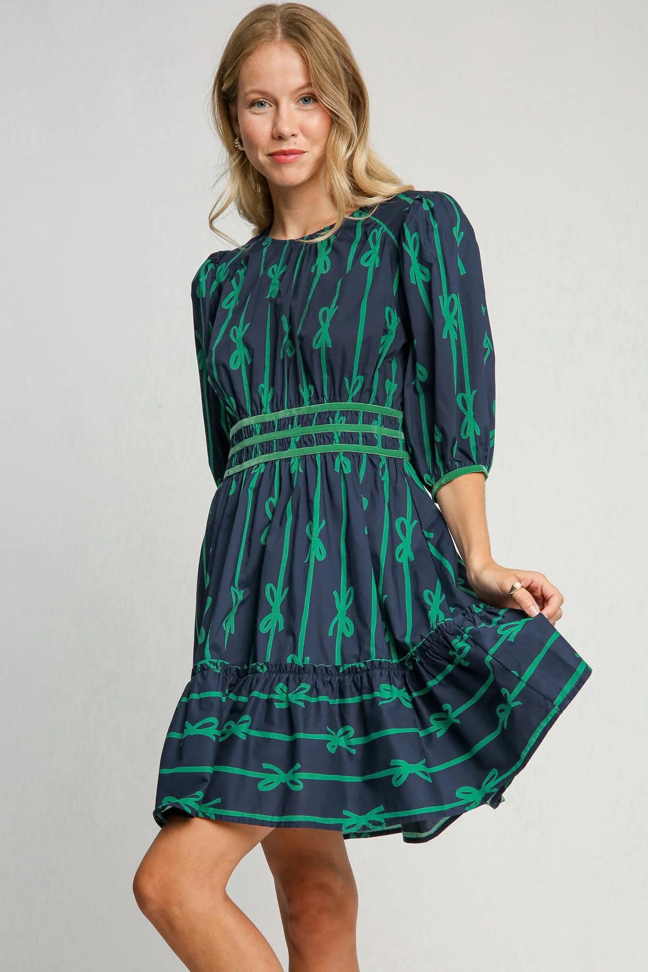 Roselle - Stylish Green Ribbon Print Dress
