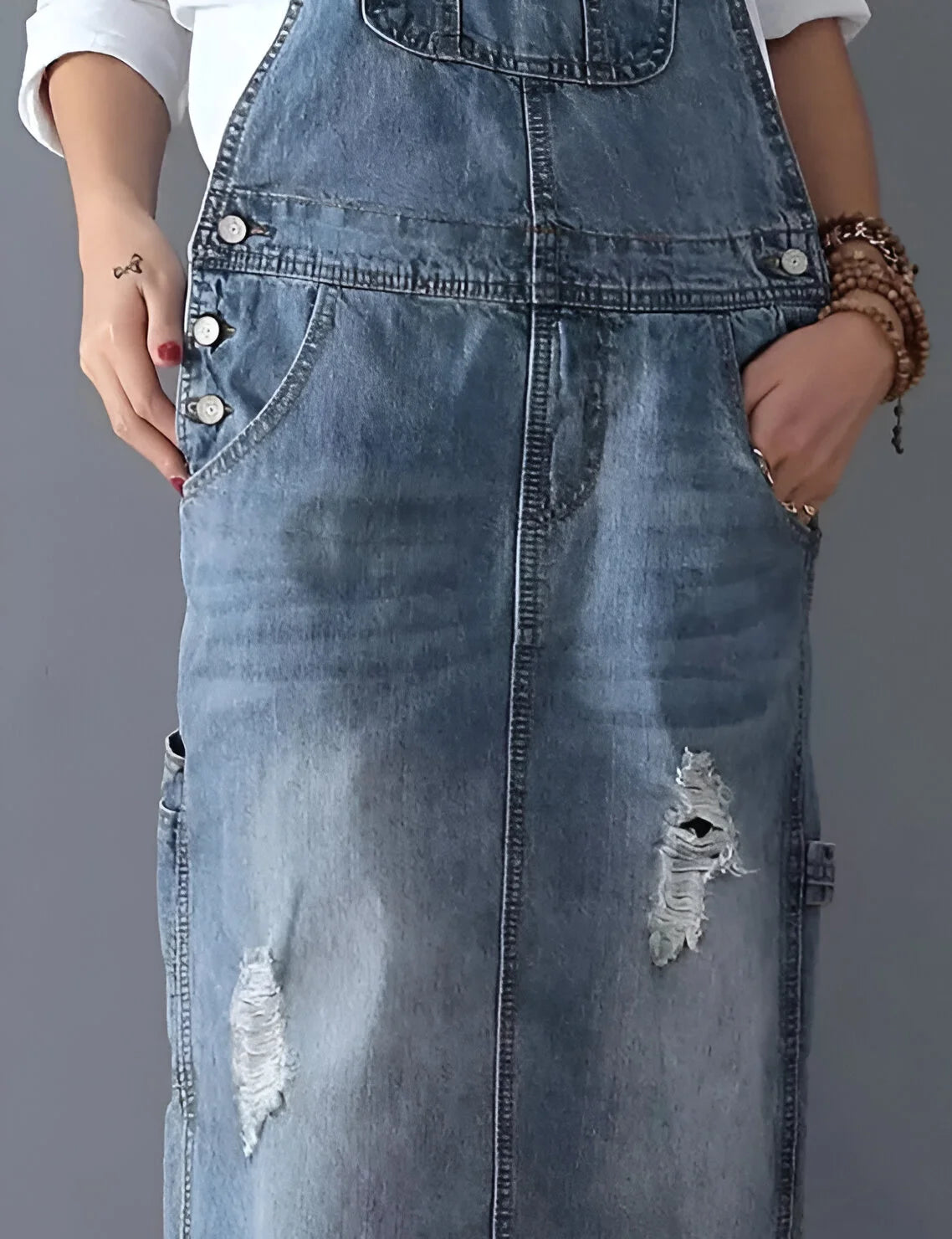 Aurélie - Women's Distressed Denim Overall Dress