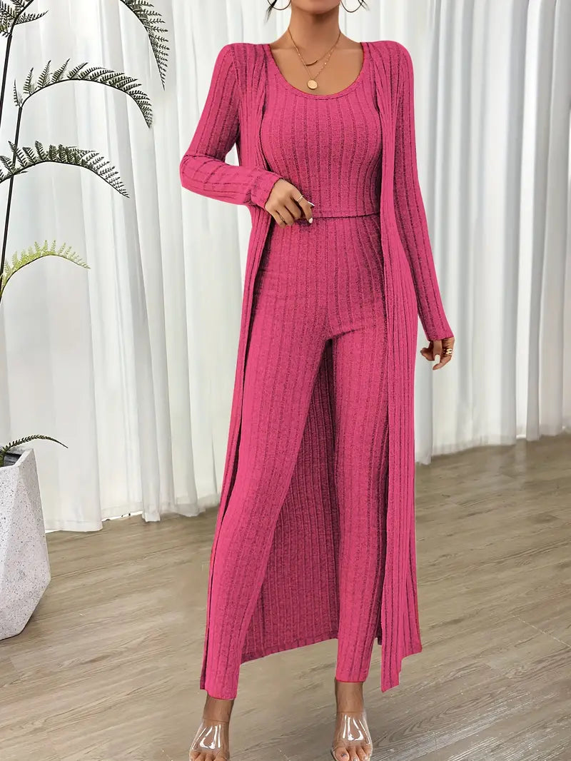 Swietlana - Ribbed Solid Three-Piece Set with Top and Cardigan