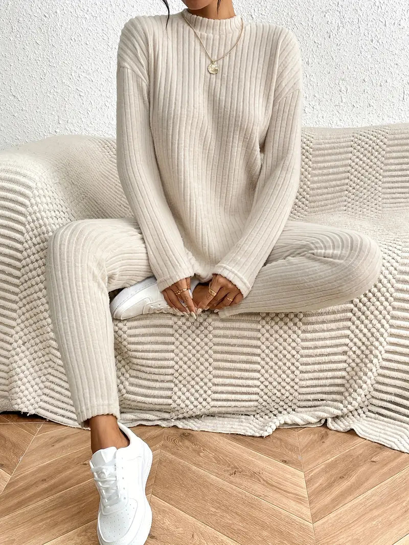 Witołuba - Ribbed Pants Set with Mock Neck and Fitted Pants