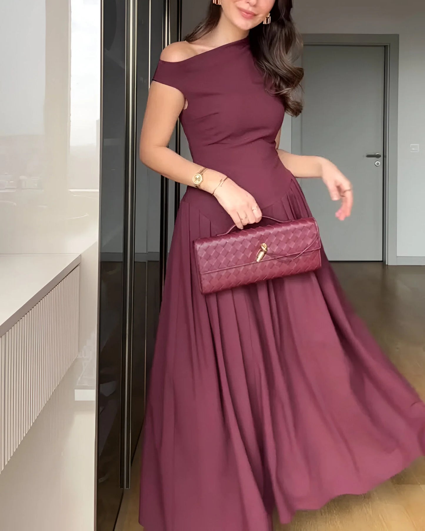 Céleste Asymmetric Pleated Midi Dress
