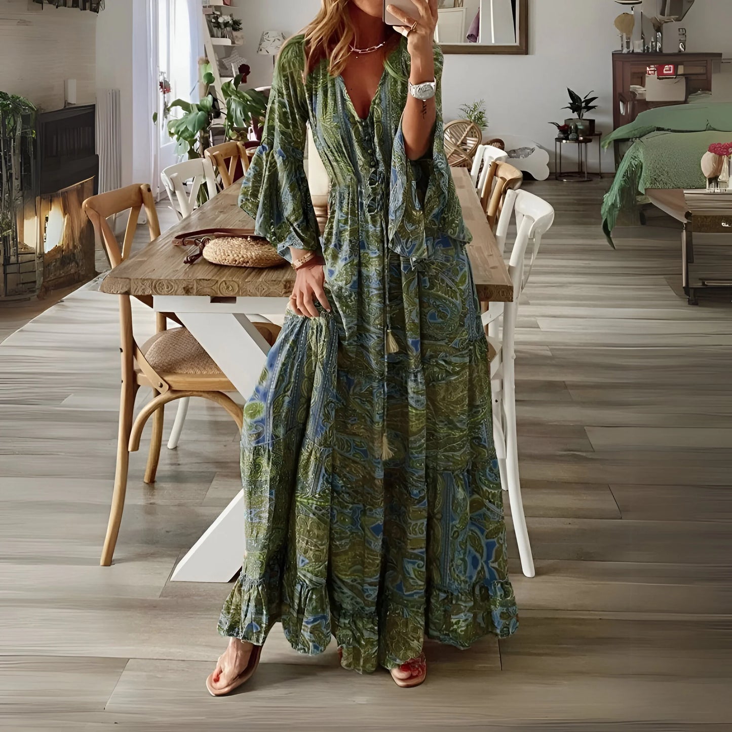 Léontine - Bohemian Flared Sleeve Floral Dress
