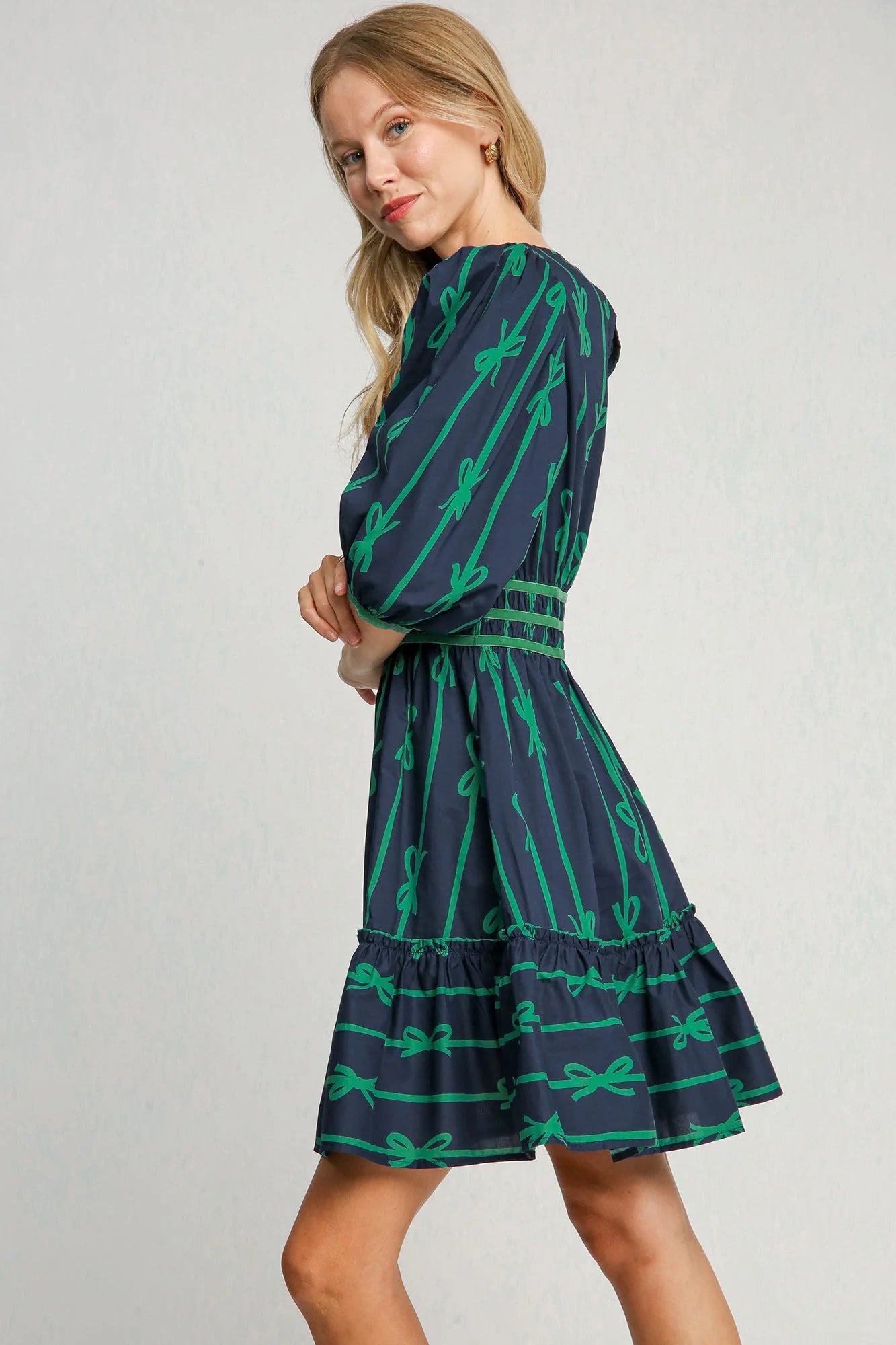 Roselle - Stylish Green Ribbon Print Dress