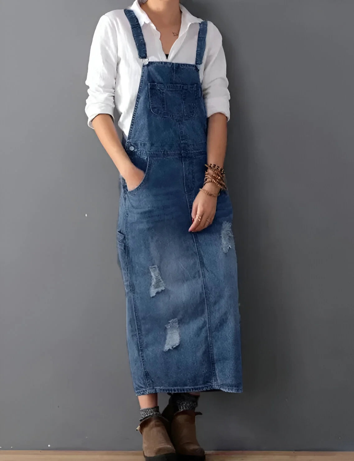 Aurélie - Women's Distressed Denim Overall Dress
