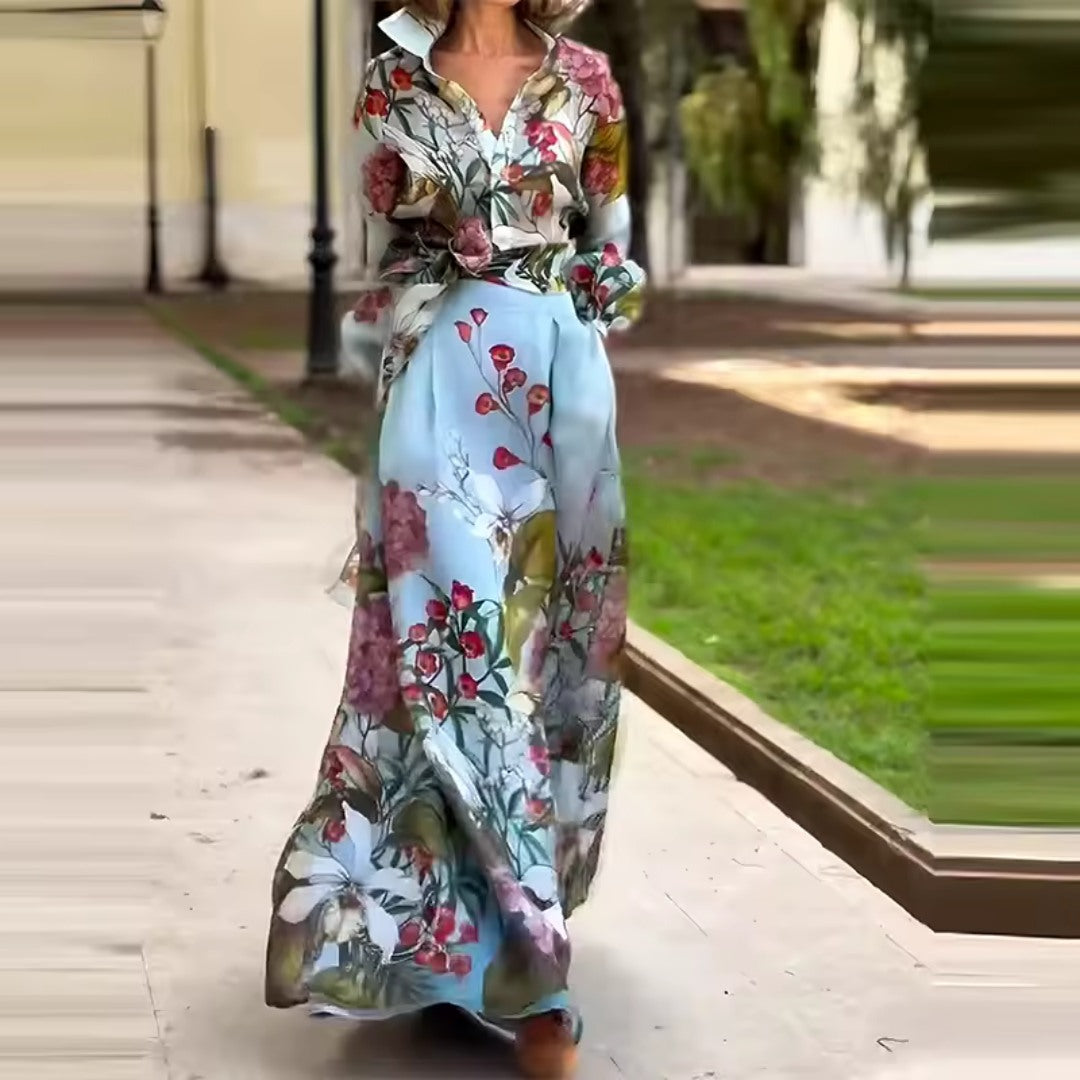 Manon – Retro Silk Floral Two-Piece Shirt & Skirt Set