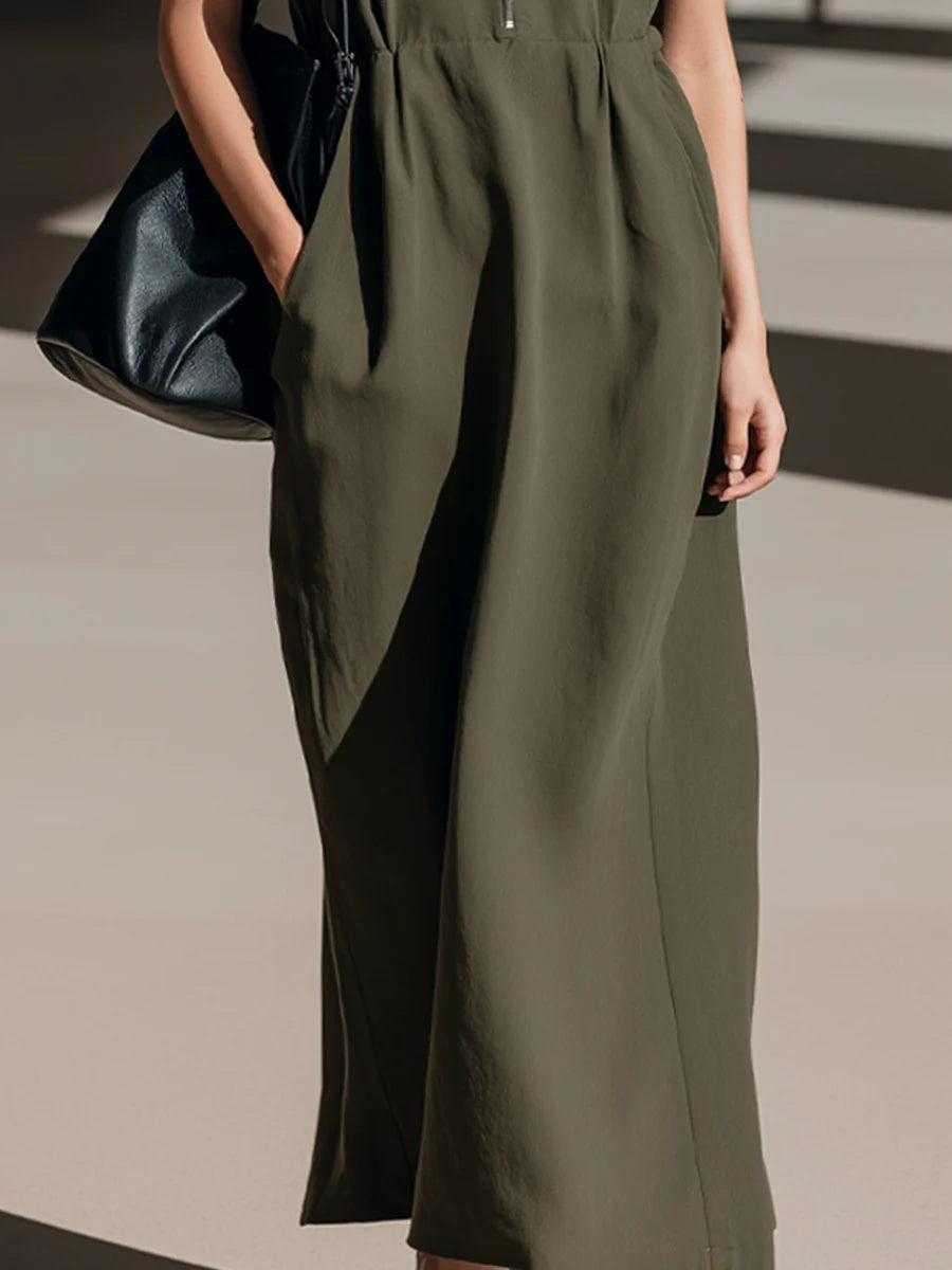 Utility-Inspired Olive Green Maxi Dress with Zip Neckline