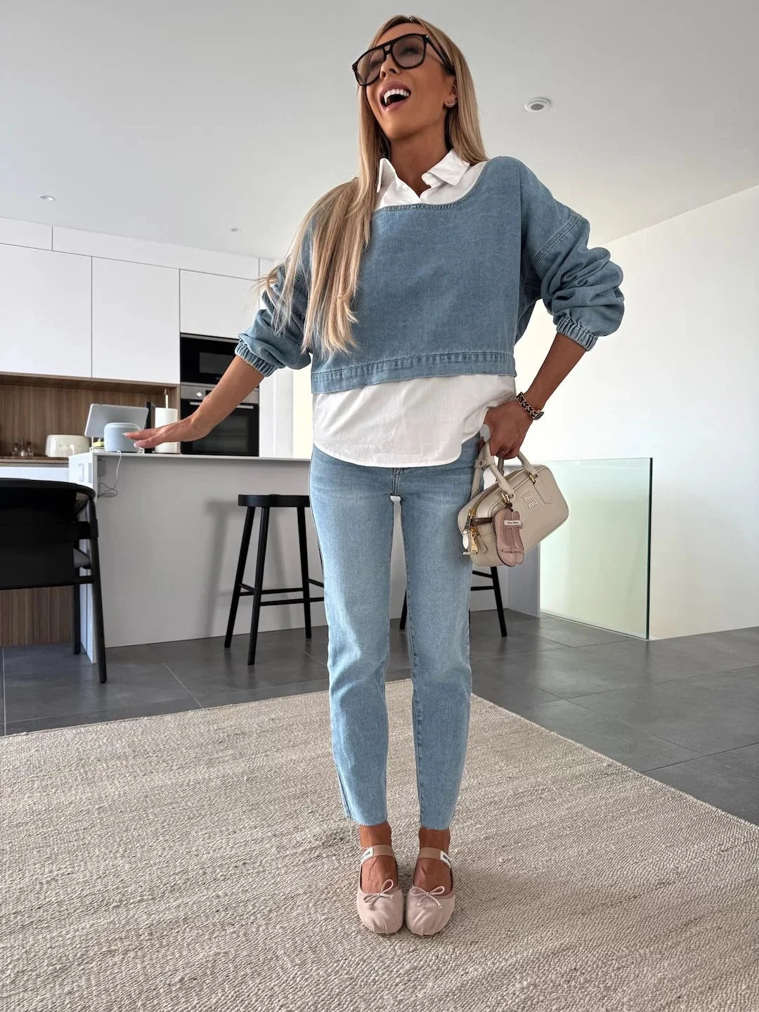 Casual Cropped Denim Sweatshirt