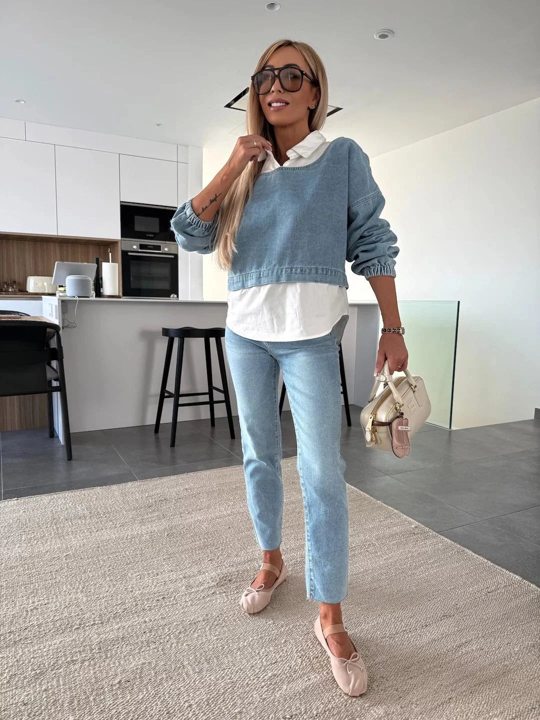 Casual Cropped Denim Sweatshirt