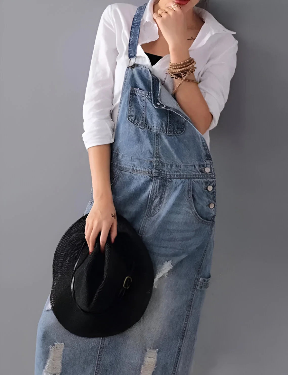 Aurélie - Women's Distressed Denim Overall Dress