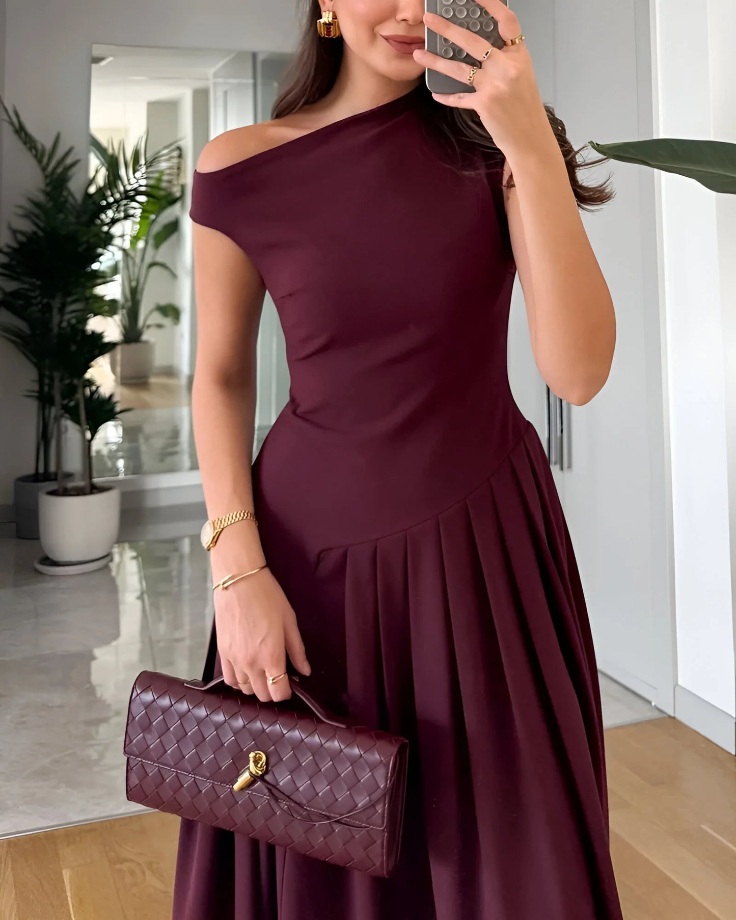 Céleste Asymmetric Pleated Midi Dress