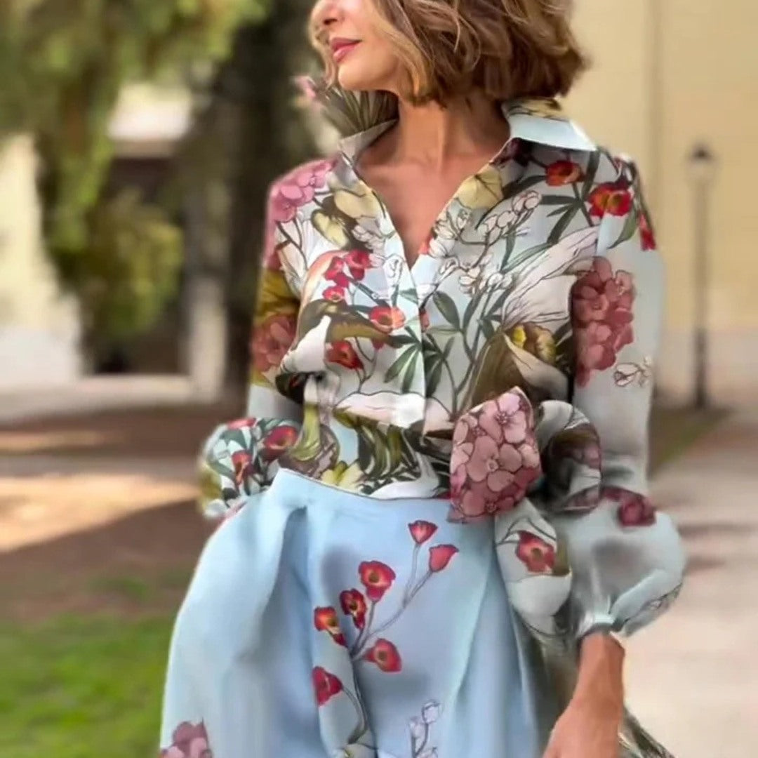 Manon – Retro Silk Floral Two-Piece Shirt & Skirt Set