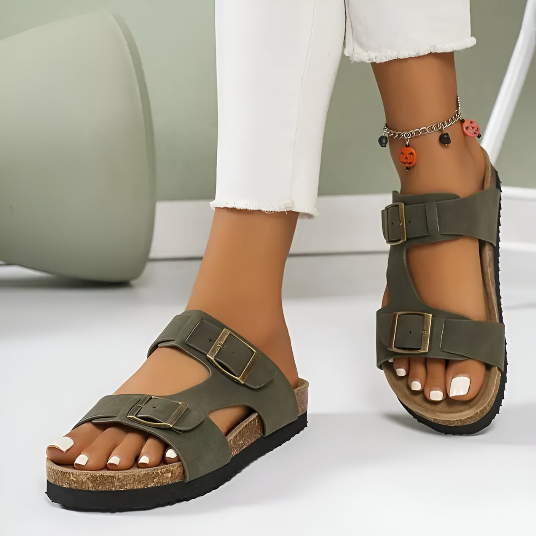 JOHANNA - RETRO CORK SLIDE SANDALS WITH DOUBLE STRAP