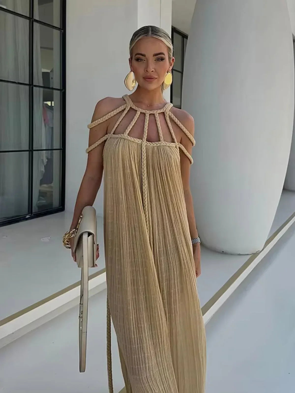 Monique - Linen Blend Draped Braided Maxi Cover-Up