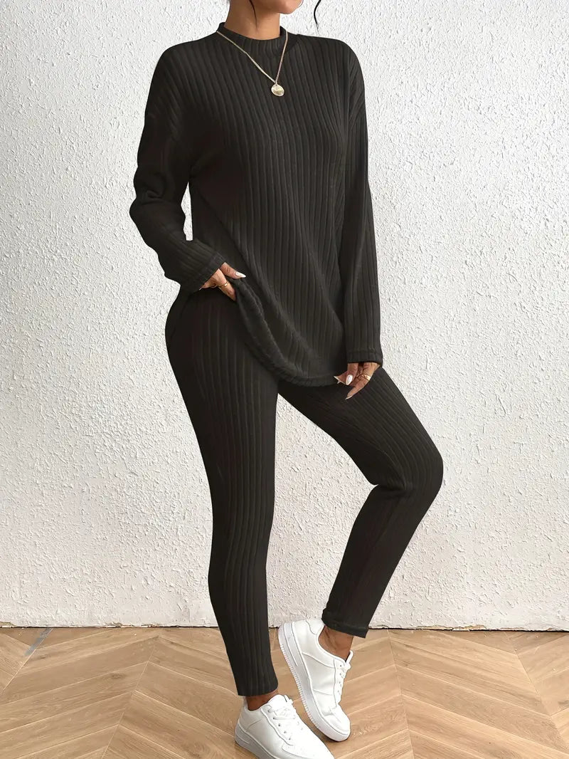 Witołuba - Ribbed Pants Set with Mock Neck and Fitted Pants