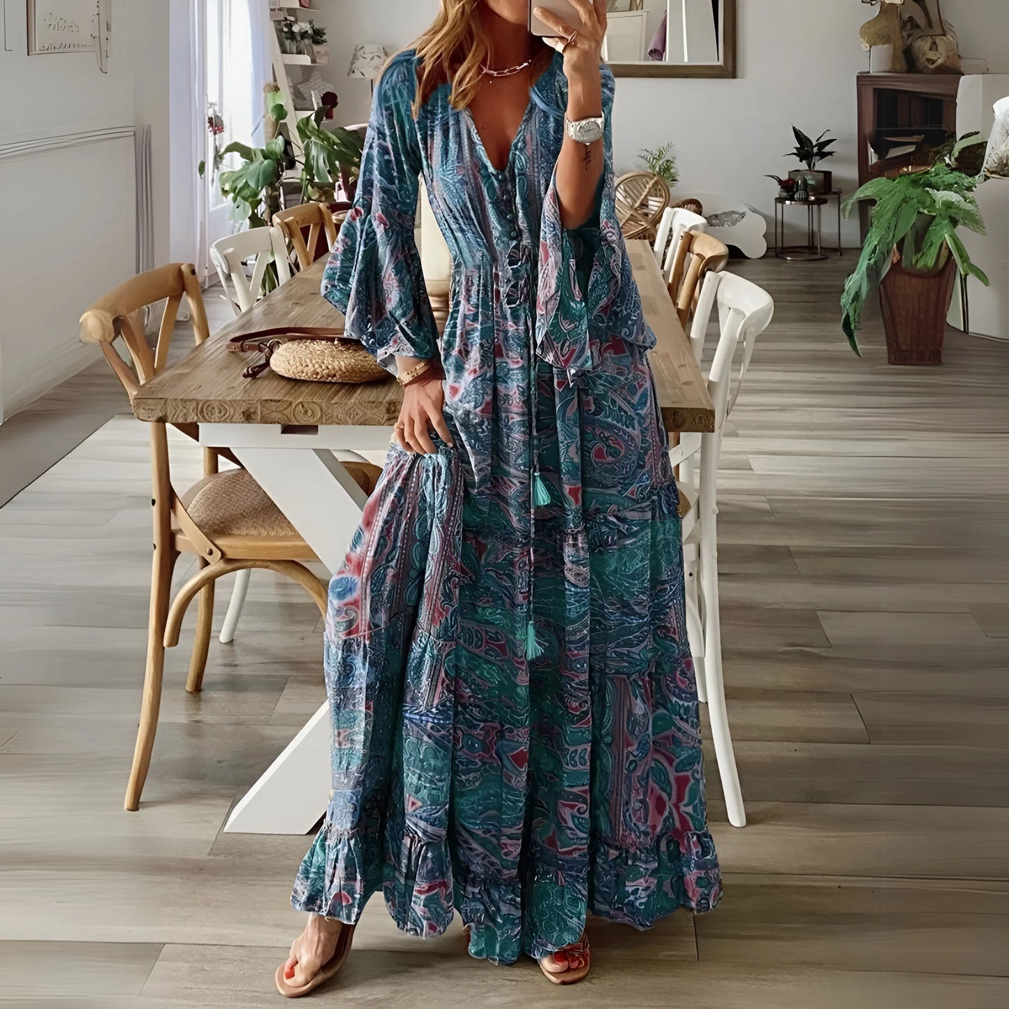 Léontine - Bohemian Flared Sleeve Floral Dress