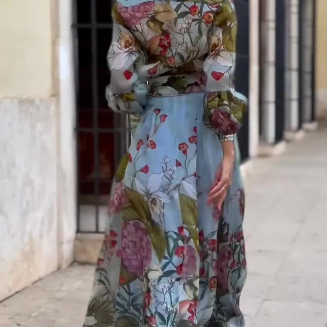 Manon – Retro Silk Floral Two-Piece Shirt & Skirt Set