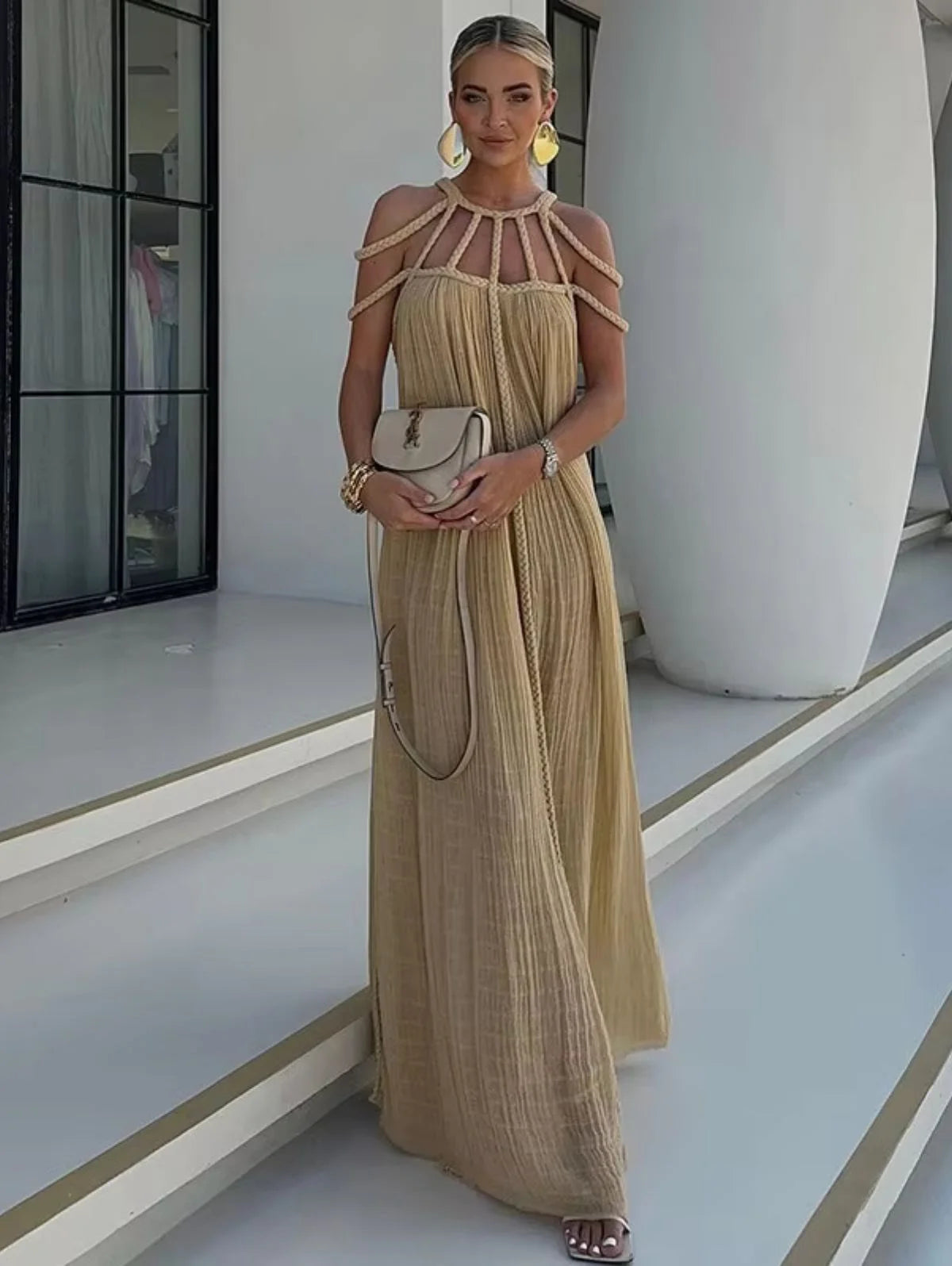 Monique - Linen Blend Draped Braided Maxi Cover-Up