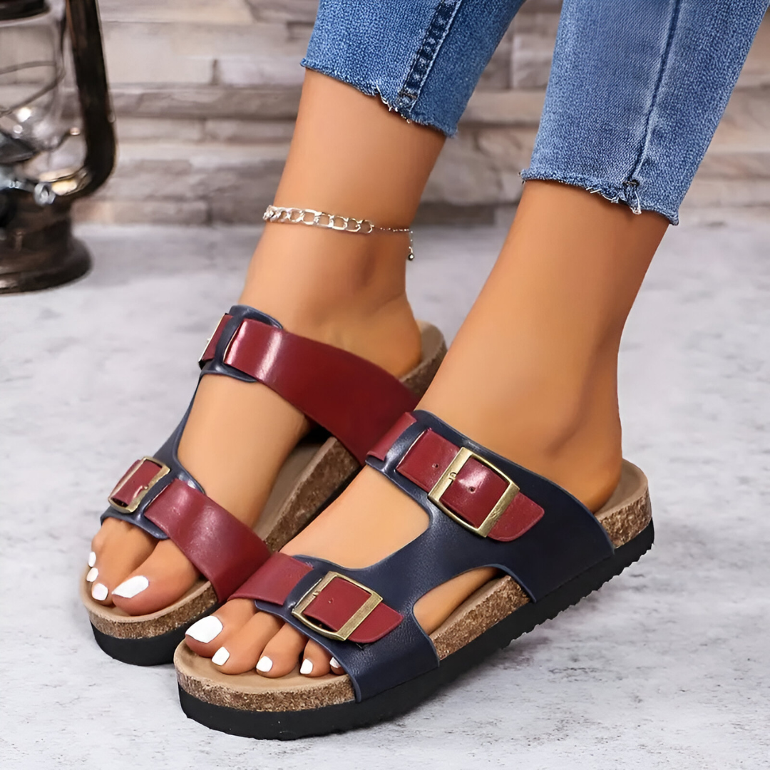 JOHANNA - RETRO CORK SLIDE SANDALS WITH DOUBLE STRAP