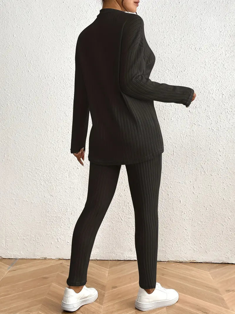 Witołuba - Ribbed Pants Set with Mock Neck and Fitted Pants