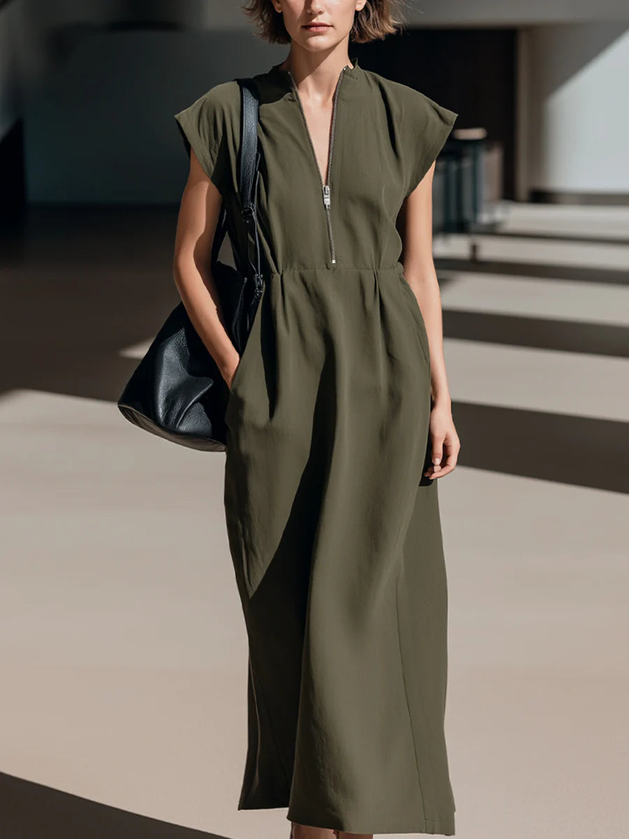 Utility-Inspired Olive Green Maxi Dress with Zip Neckline