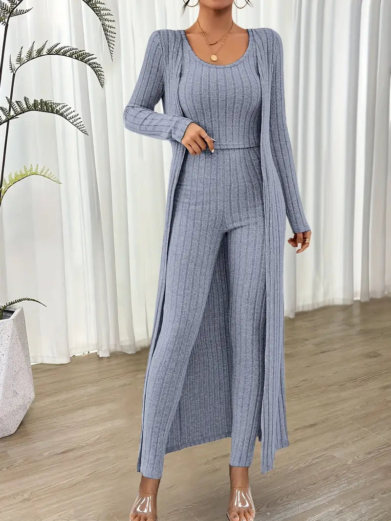 Swietlana - Ribbed Solid Three-Piece Set with Top and Cardigan