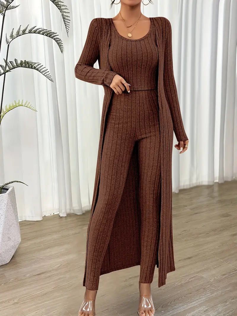 Swietlana - Ribbed Solid Three-Piece Set with Top and Cardigan