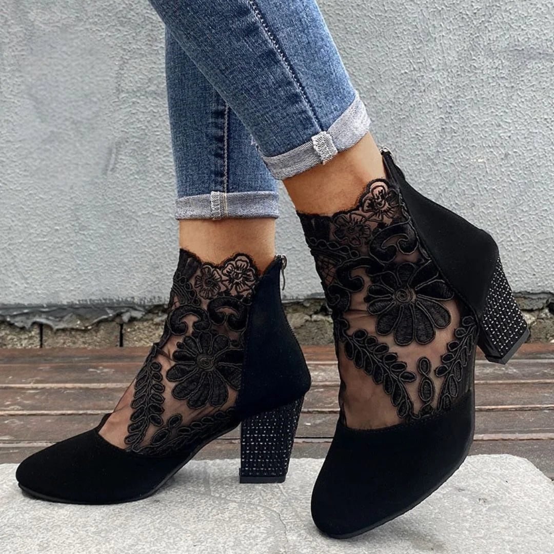Violetta Lace Panel Block Heel Boots