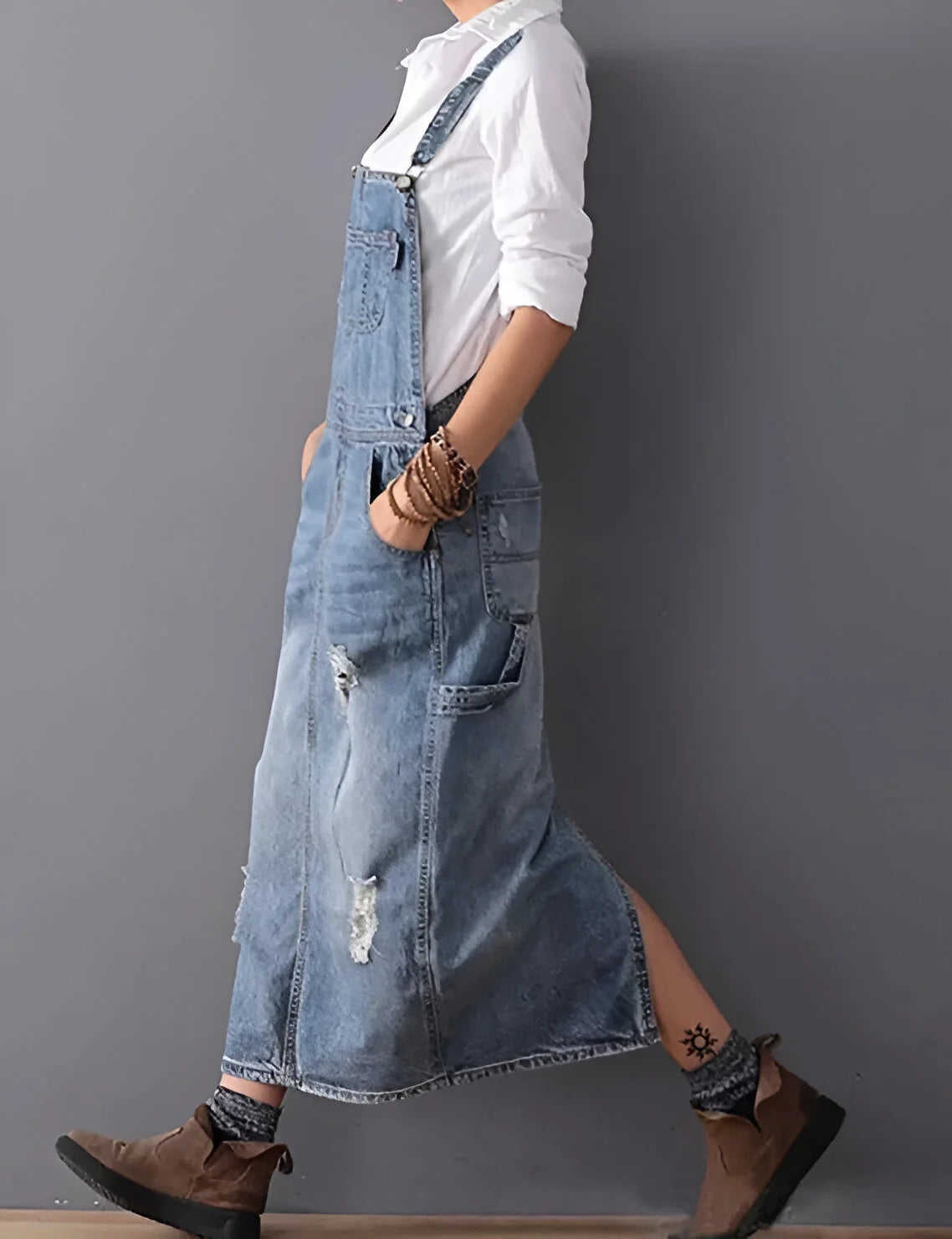 Aurélie - Women's Distressed Denim Overall Dress