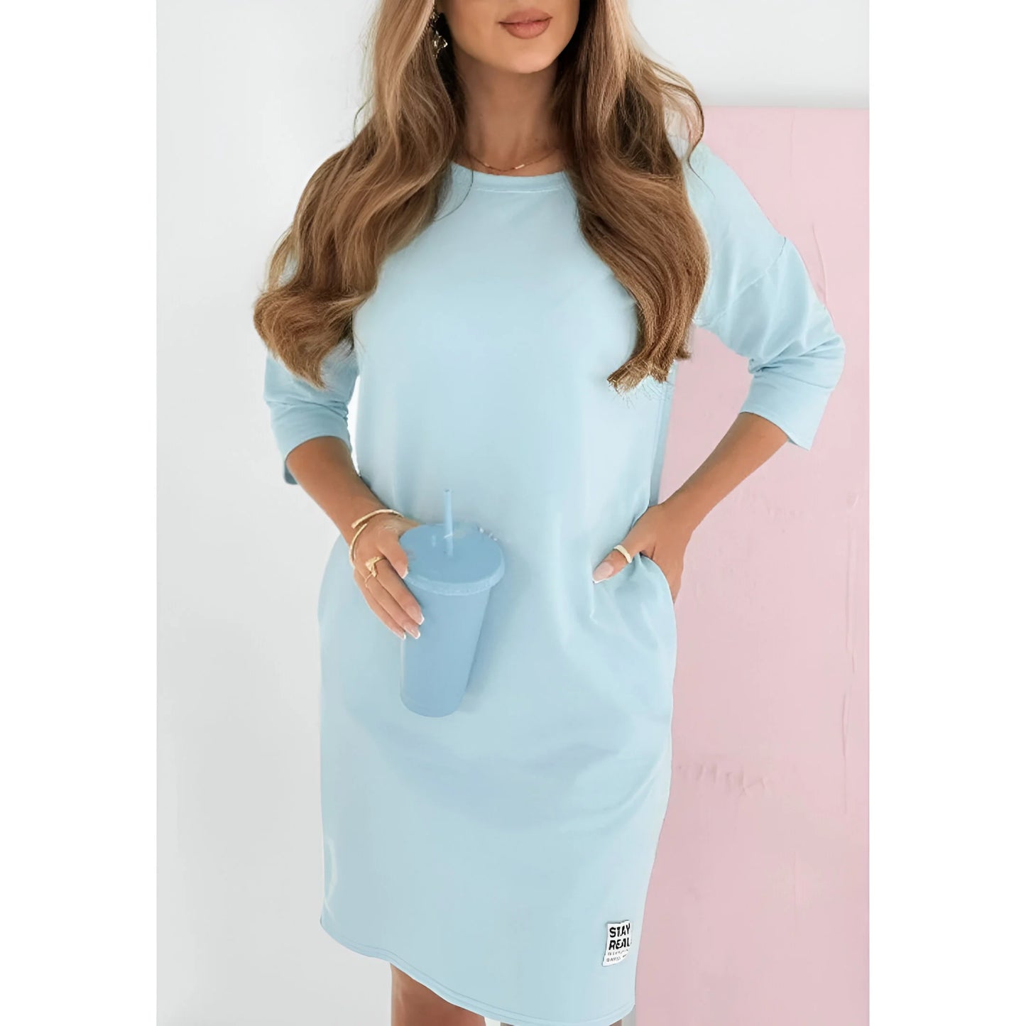Camille – Round Neck 3/4 Sleeve Pocket Dress
