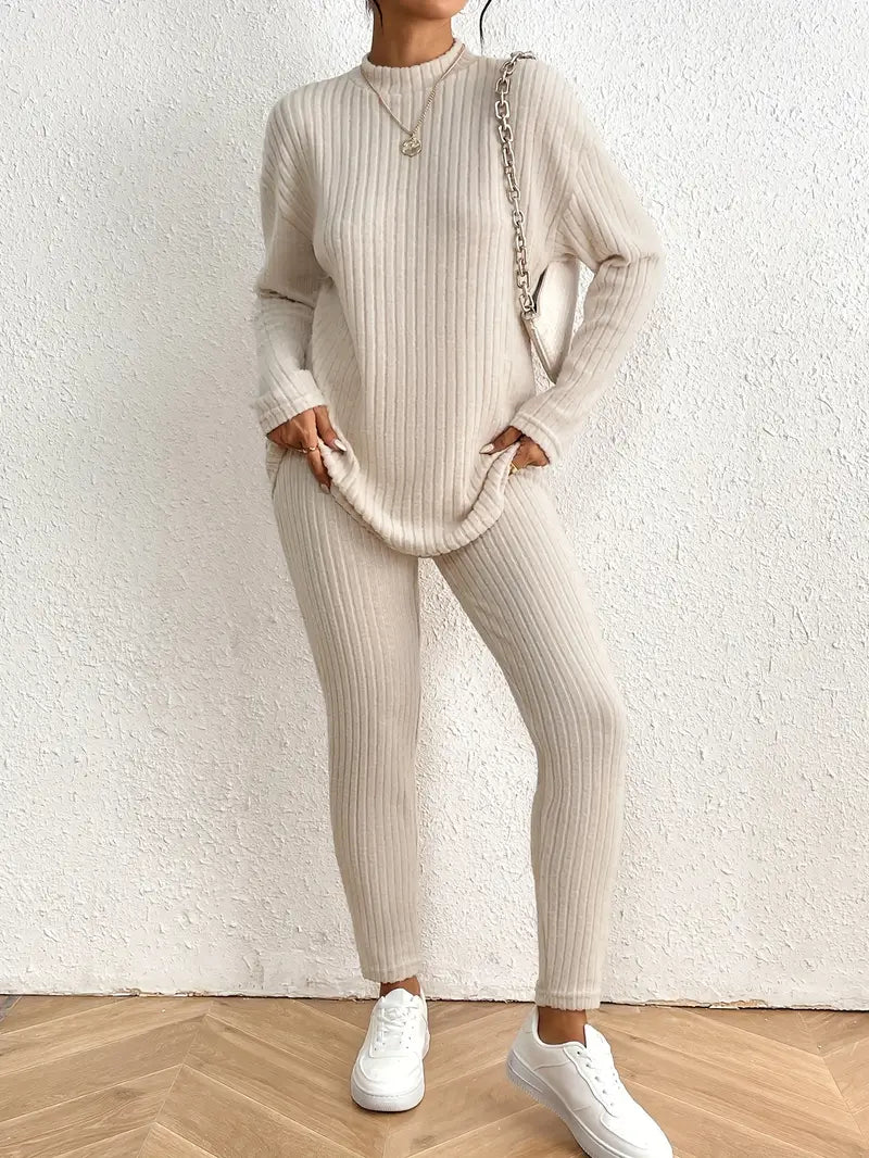 Witołuba - Ribbed Pants Set with Mock Neck and Fitted Pants