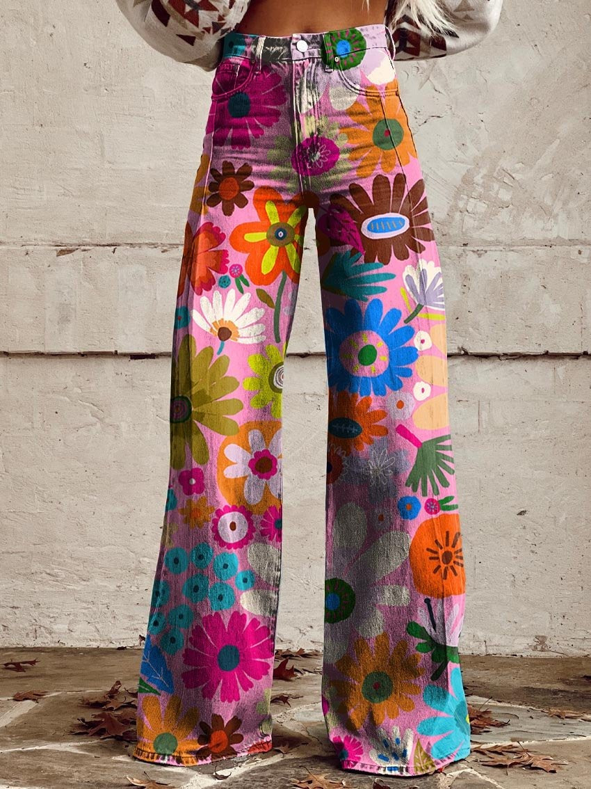 Flora - Colorful Flower Print Wide Leg Pants