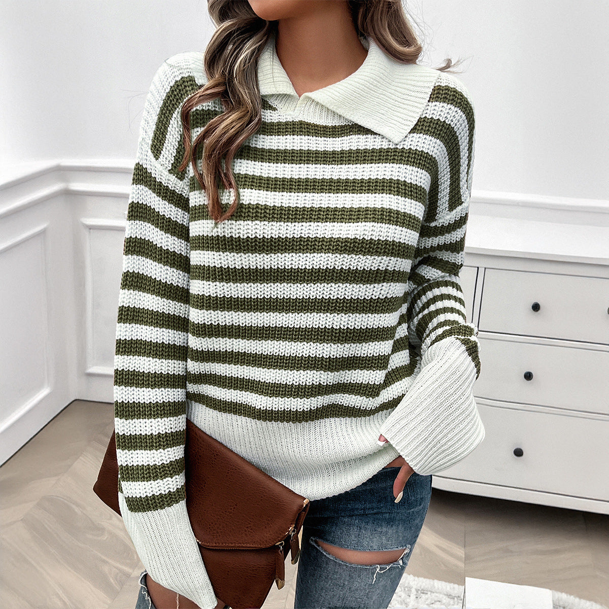 Brina - Women's Striped Sweater with Ribbed Collar