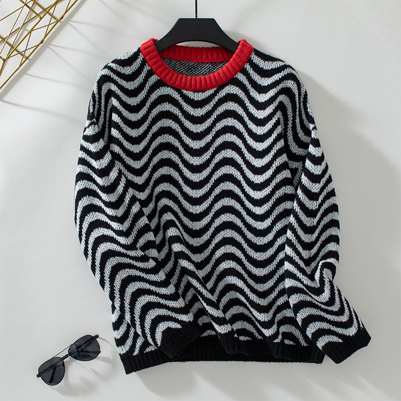 Dorthe – Sweater with Wavy Knit Pattern and Contrast Collar