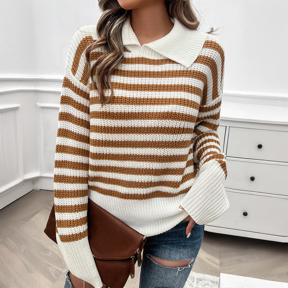 Brina - Women's Striped Sweater with Ribbed Collar