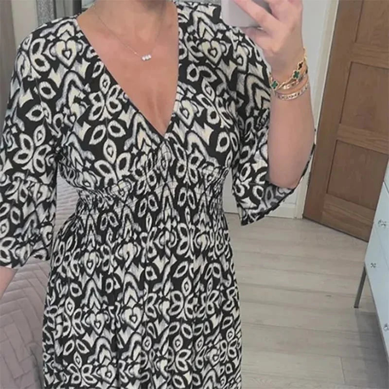 Adelie High-Waist V-Neck Printed Midi Dress