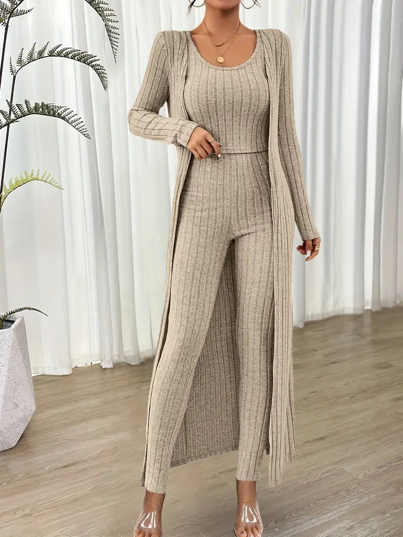 Swietlana - Ribbed Solid Three-Piece Set with Top and Cardigan