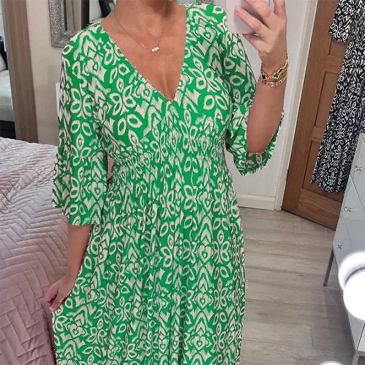 Adelie High-Waist V-Neck Printed Midi Dress