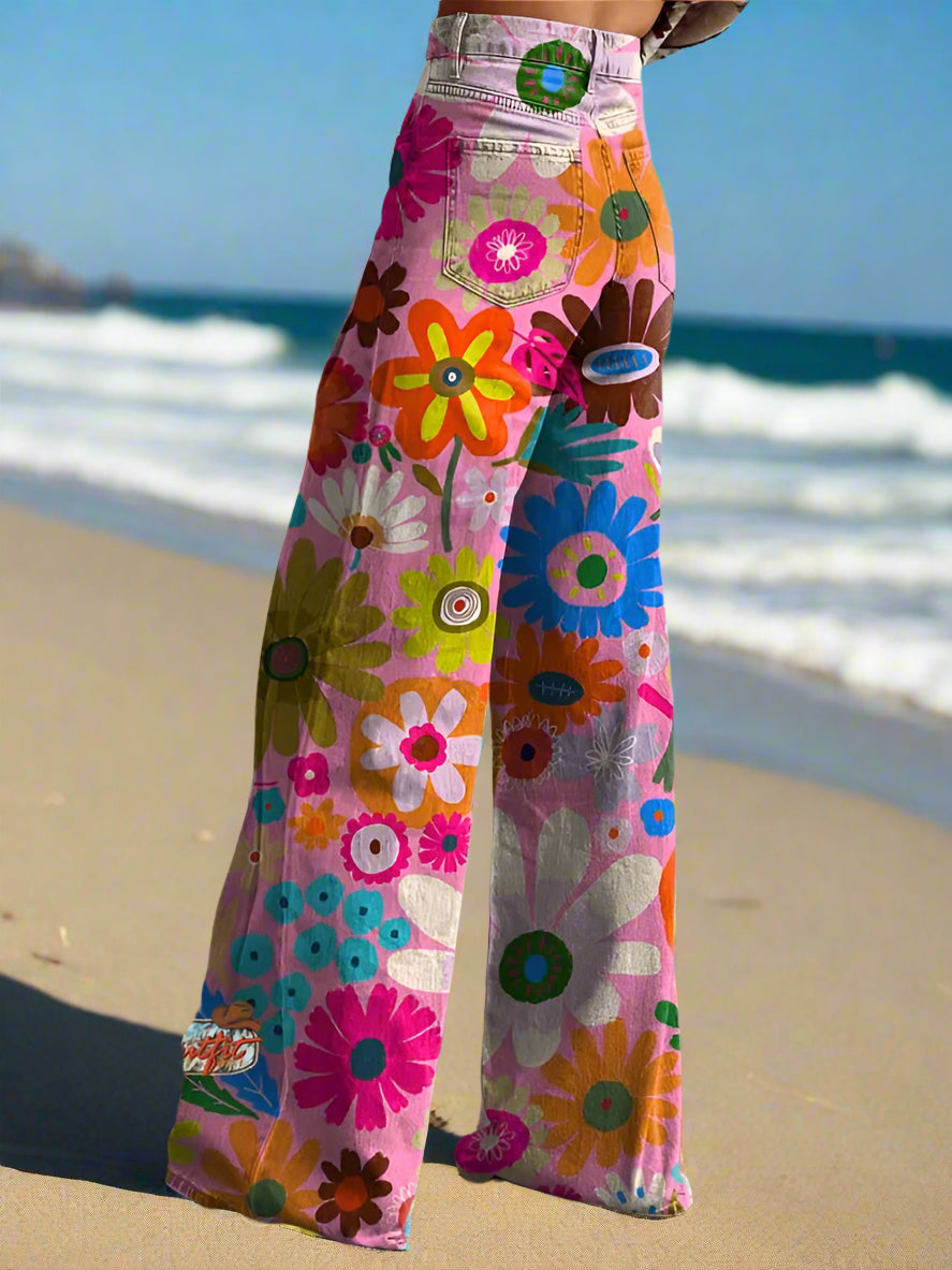 Flora - Colorful Flower Print Wide Leg Pants