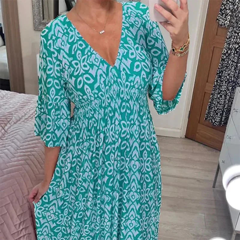 Adelie High-Waist V-Neck Printed Midi Dress