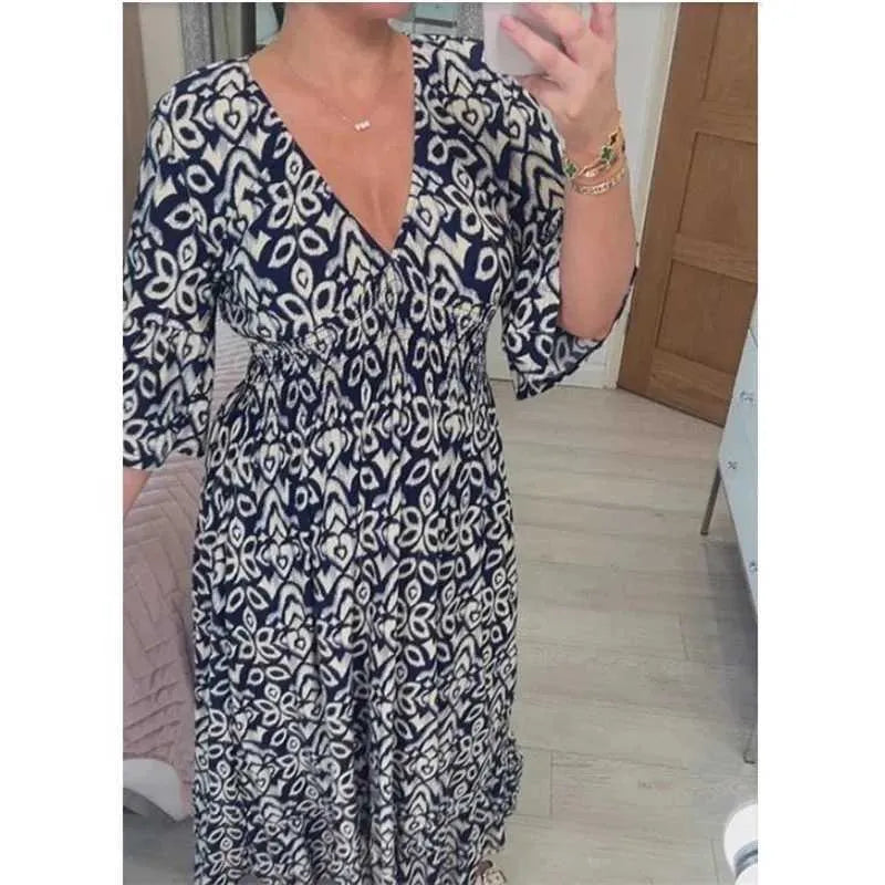 Adelie High-Waist V-Neck Printed Midi Dress