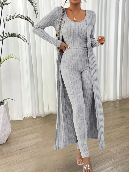 Swietlana - Ribbed Solid Three-Piece Set with Top and Cardigan