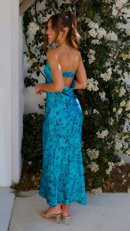 Violette - Floral Printed Backless Satin Dress