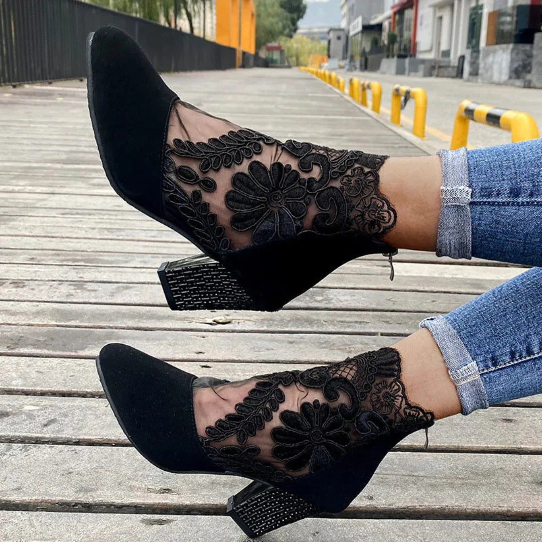 Violetta Lace Panel Block Heel Boots