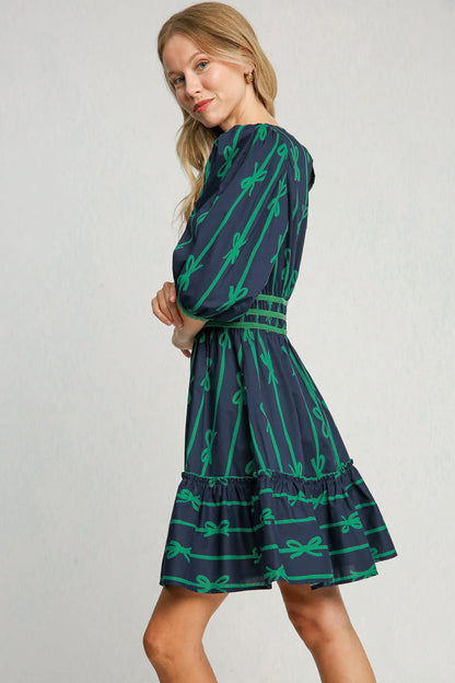 Roselle - Stylish Green Ribbon Print Dress